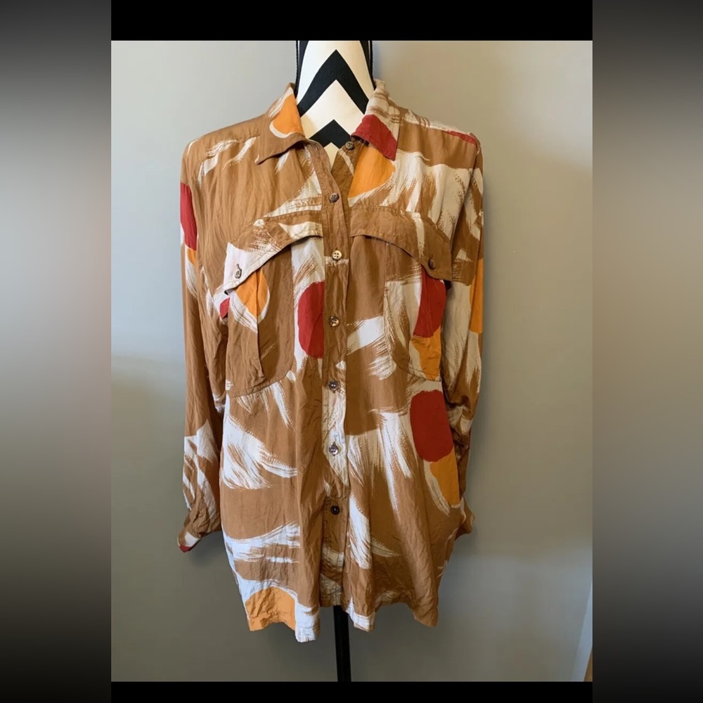ESCADA VINTAGE SILK BLOUSE IN Brown, Orange, Red, 40, WEST GERMANY, VGUC